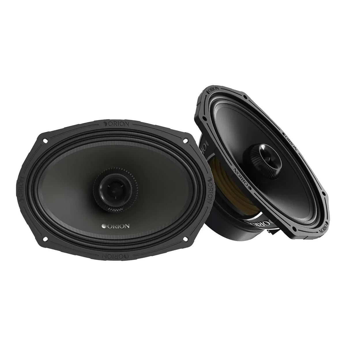 Black coaxial midrange speakers showing woofer and tweeter, two-piece view.