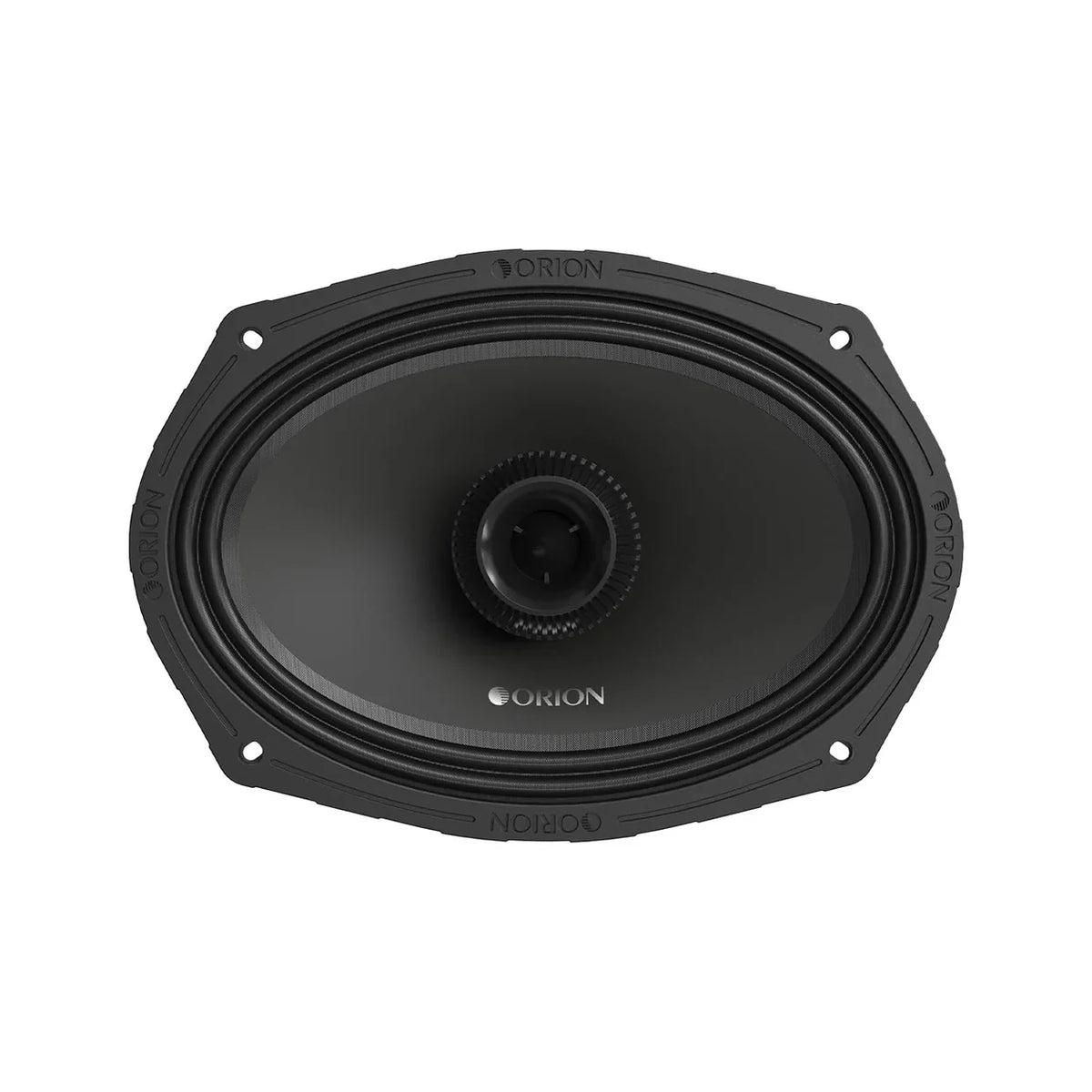 Black 6x9 coaxial midrange speaker front view, mounting holes around rim.