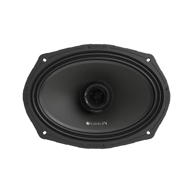 Black 6x9-inch coaxial speaker with ORION logo, round grille and mounting holes