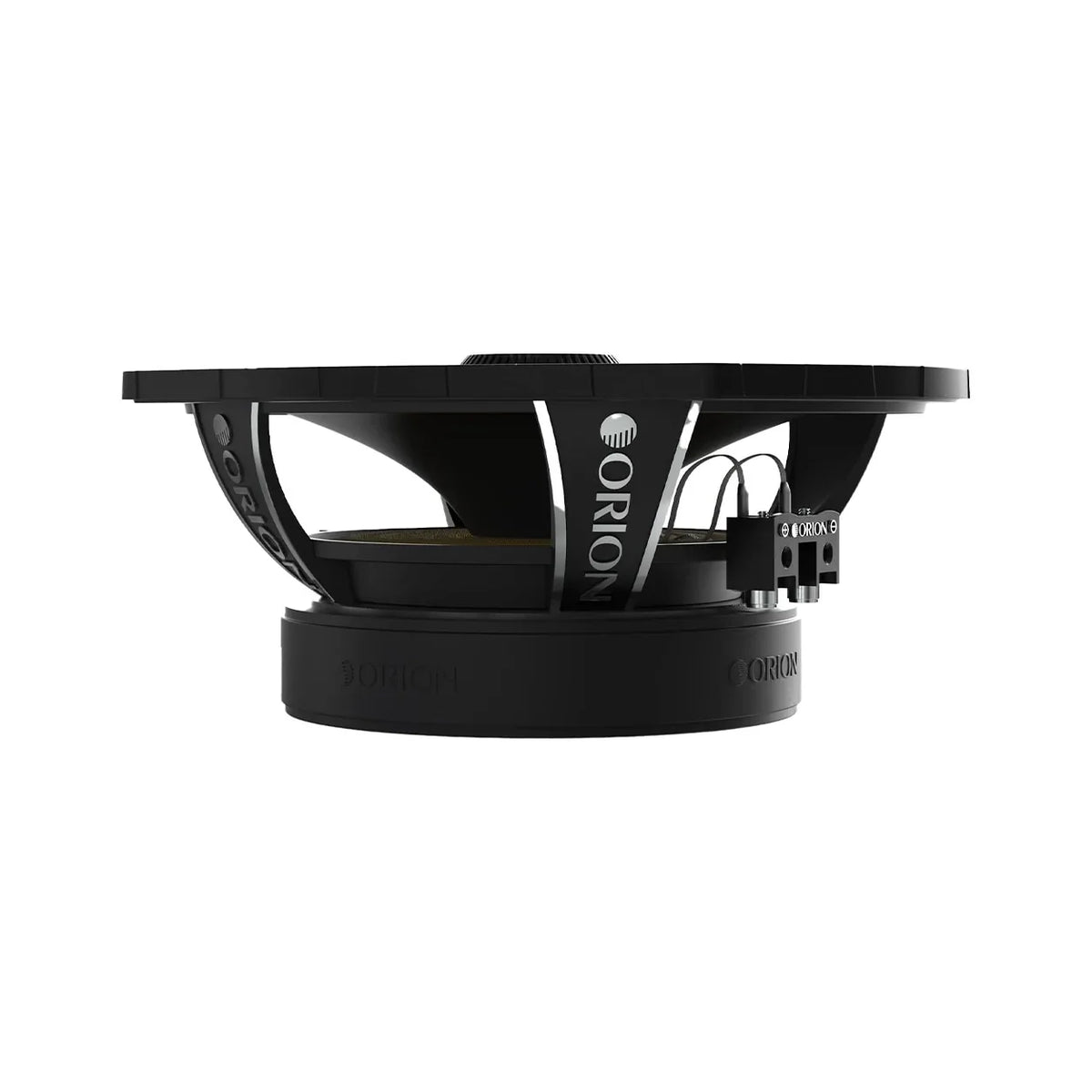Black coaxial speaker with visible internal basket and wiring terminals, side view.