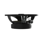 Black coaxial speaker with visible internal basket and wiring terminals, side view.