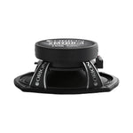 Black coaxial speaker close-up with mounting frame and terminals, front angle.