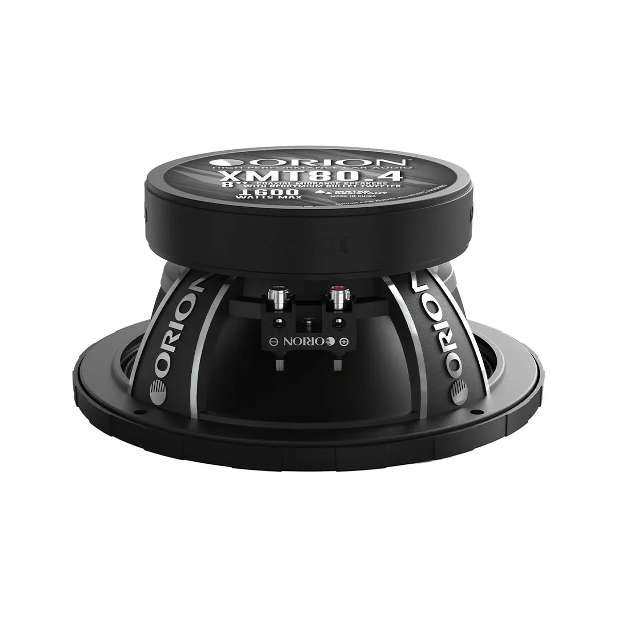 Black coaxial midrange speaker with front terminals and mounting hardware