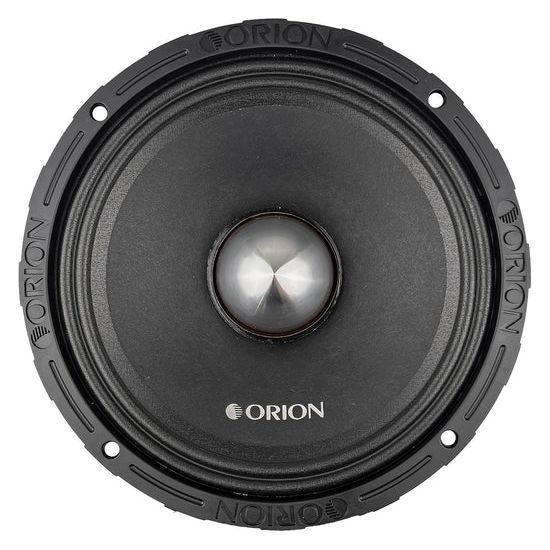 10-inch midbass speaker with black cone and silver dust cap, front view.