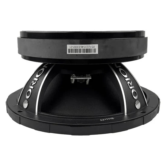 10-inch midbass speaker rear with label and dual connection tabs.