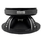 10-inch midbass speaker rear with label and dual connection tabs.