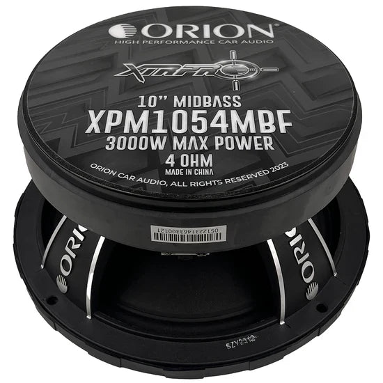Orion XTRPRO 10" midbass speaker top cover with XPM1054MBF and 4 ohm text.