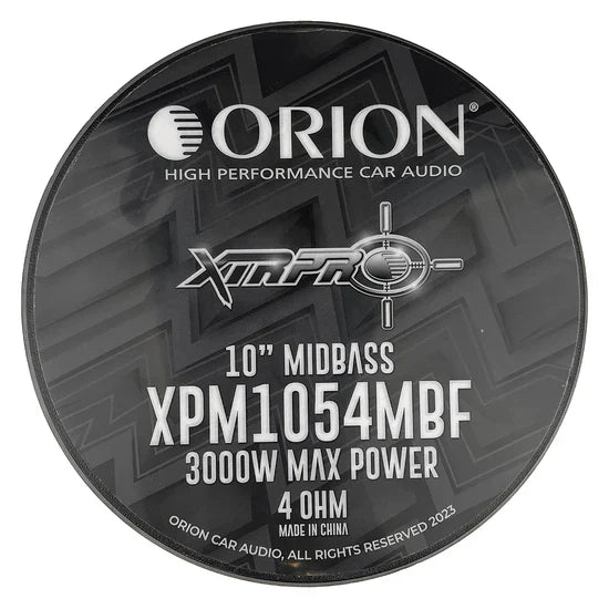 Orion XTRPRO 10" midbass speaker faceplate showing VDM1054MBF and 3000W max.