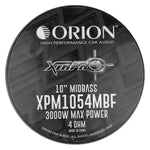 Orion XTRPRO 10" midbass speaker faceplate showing VDM1054MBF and 3000W max.