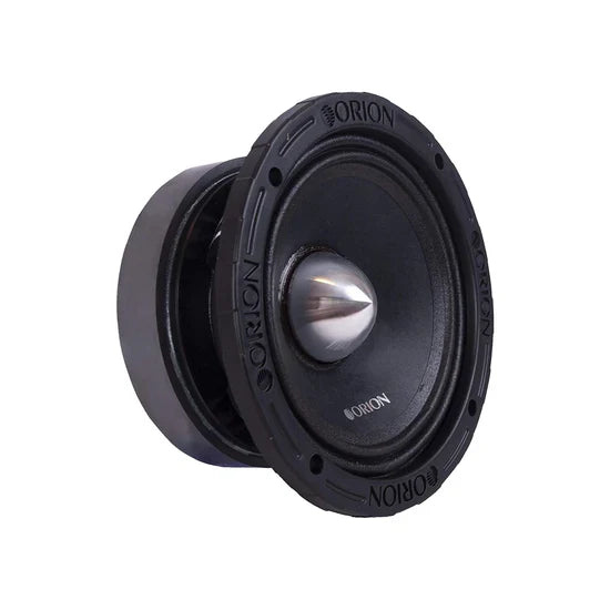 6.5-inch midbass car speaker, angled view, black basket and silver dome