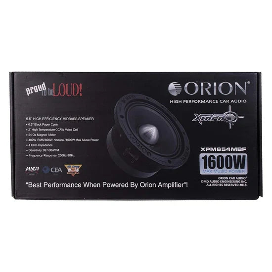 Orion XPM654MBF 1600W 6.5-inch midbass speaker retail box with front specs