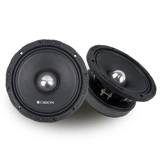 Pair of black 8-inch Orion midbass speakers with metal dome and mounting holes