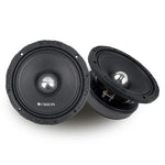 Pair of black 8-inch Orion midbass speakers with metal dome and mounting holes