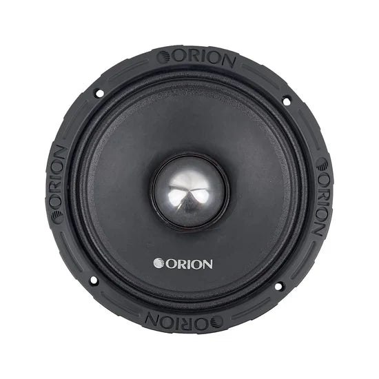 Black 8-inch Orion midbass speaker with center metal dome and rubber surround
