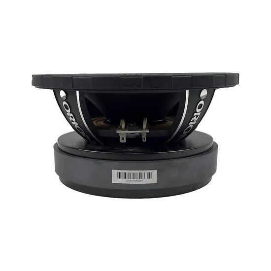 Black Orion 8-inch midbass speaker with underside showing terminals and mounting basket