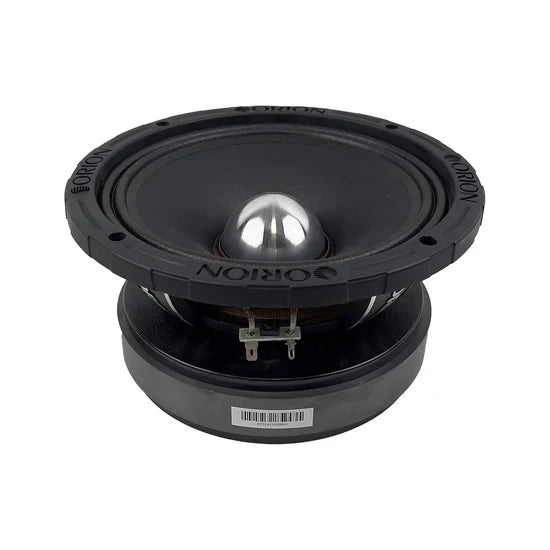 Black Orion 8-inch midbass speaker with visible wiring terminals and basket