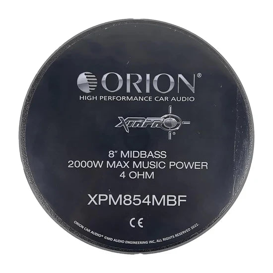 Orion XPM854MBF 8-inch midbass speaker label showing max power and 4 ohm