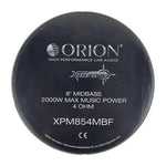 Orion XPM854MBF 8-inch midbass speaker label showing max power and 4 ohm