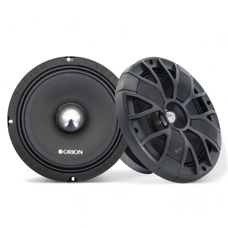 ORION 8-inch slim midrange speaker pair, black cone and grille, front view
