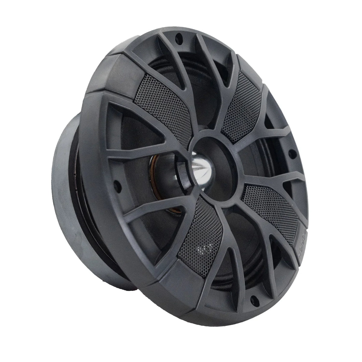 ORION 8-inch midrange speaker driver, black grille and cone, angled close-up