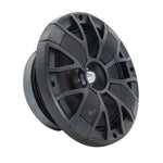 ORION 8-inch midrange speaker driver, black grille and cone, angled close-up