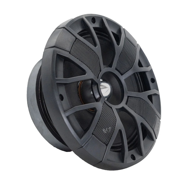 ORION 8-inch midrange speaker driver, black grille and cone, angled close-up