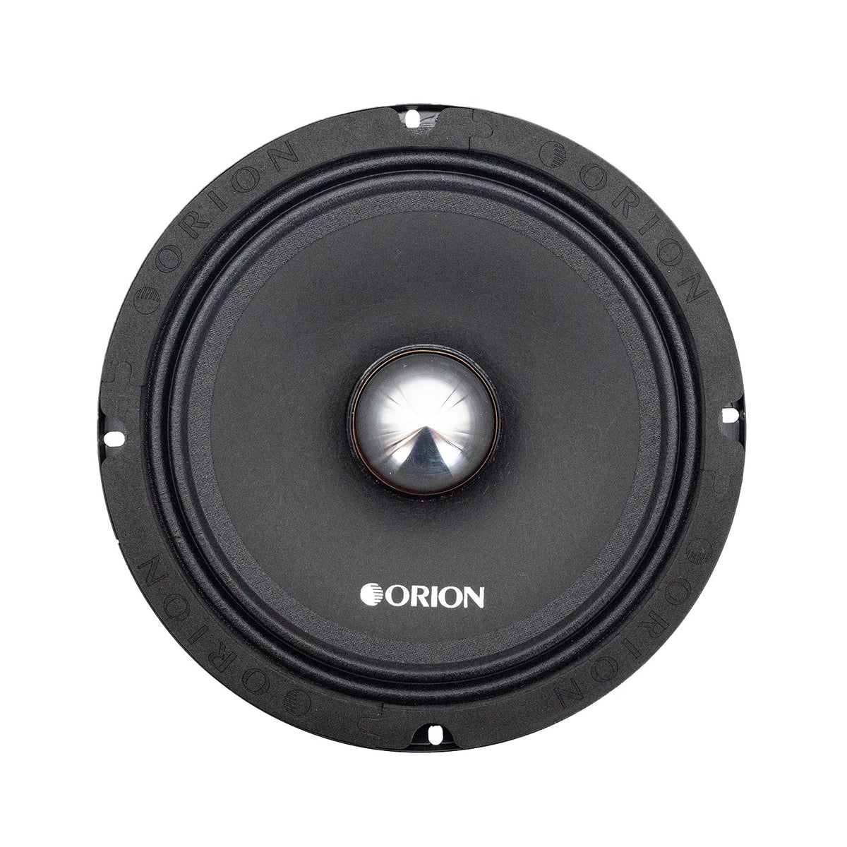 ORION 8-inch midrange speaker, black woofer cone with ORION logo, front view