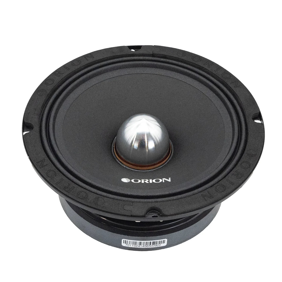 ORION 8-inch midrange speaker, black cone with silver dust cap, front view