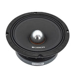 ORION 8-inch midrange speaker, black cone with silver dust cap, front view