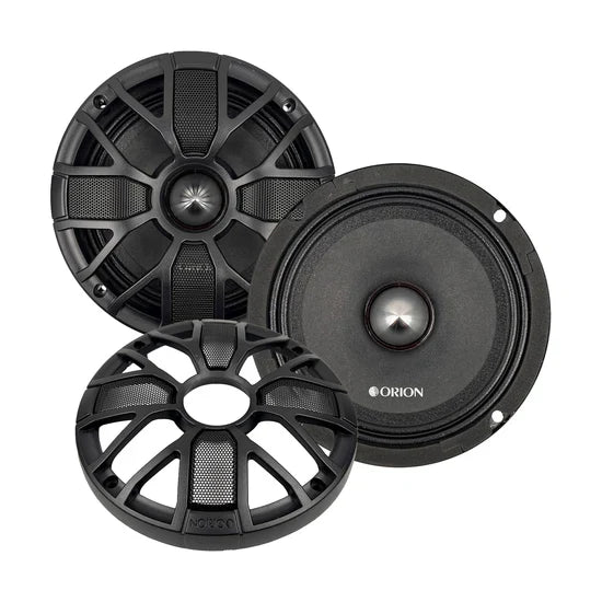 6.5-inch Orion midrange speaker driver, black grille and cone with silver center dome