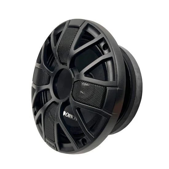 6.5-inch Orion midrange speaker driver, black cone with ridged dust cap and grille