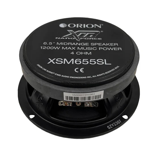Orion 6.5-inch midrange speaker, XSM655SL label on rear with 4 ohm markings
