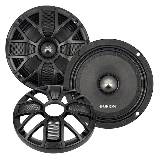 Black 8-inch car midrange speaker driver with textured grille and silver center cap