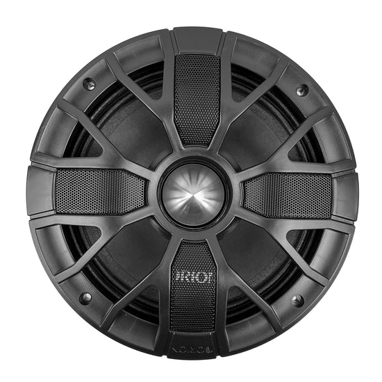 Black 8-inch midrange speaker driver front view with textured grille panels