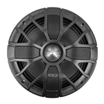 Black 8-inch midrange speaker driver front view with textured grille panels