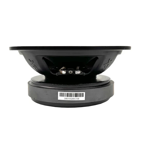 Black 8-inch speaker driver back view with terminal connectors and mounting ring