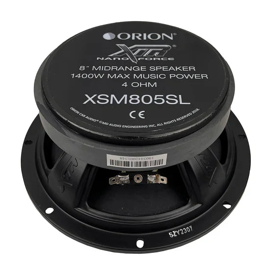 Black Orion XSM805SL 8-inch midrange speaker label on rear of driver