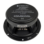 Black Orion XSM805SL 8-inch midrange speaker label on rear of driver