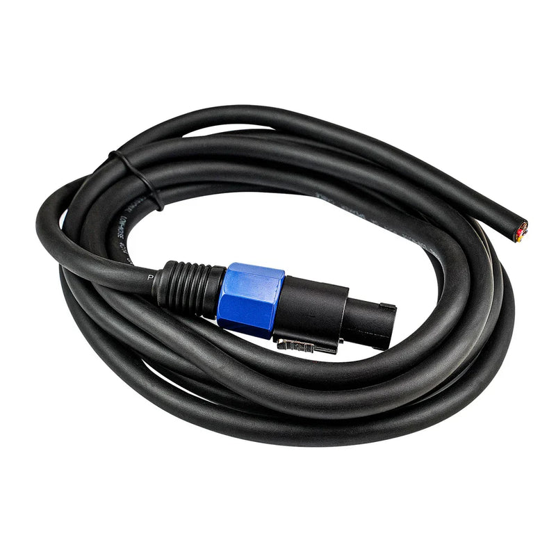 Black 4-wire speaker cable with blue-and-black inline connector, 12 ft length