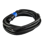 Black 4-wire speaker cable loop with blue connector and printed cable markings