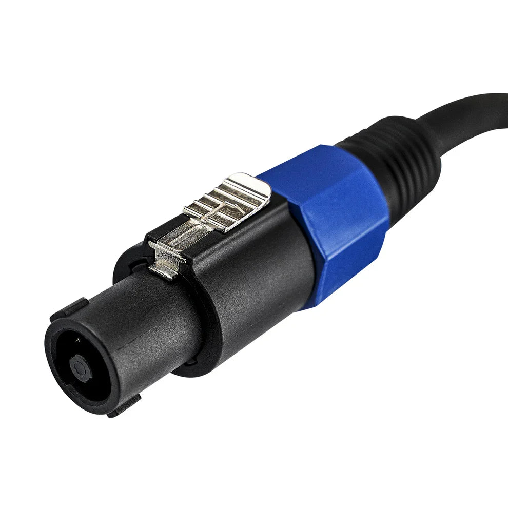 4-wire speaker cable plug with black circular connector and blue housing