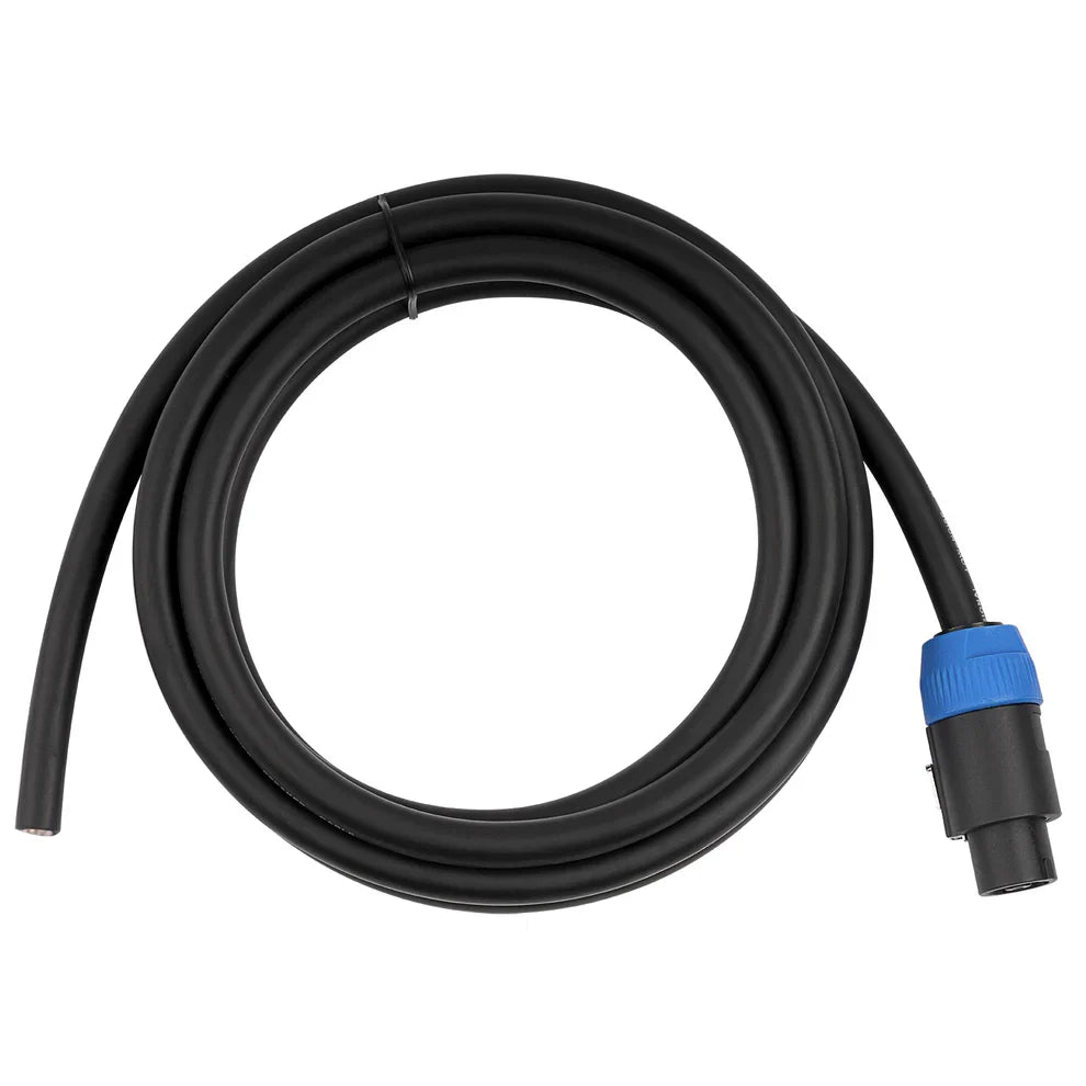 Black 8-wire speaker cable with blue connector and coiled loop