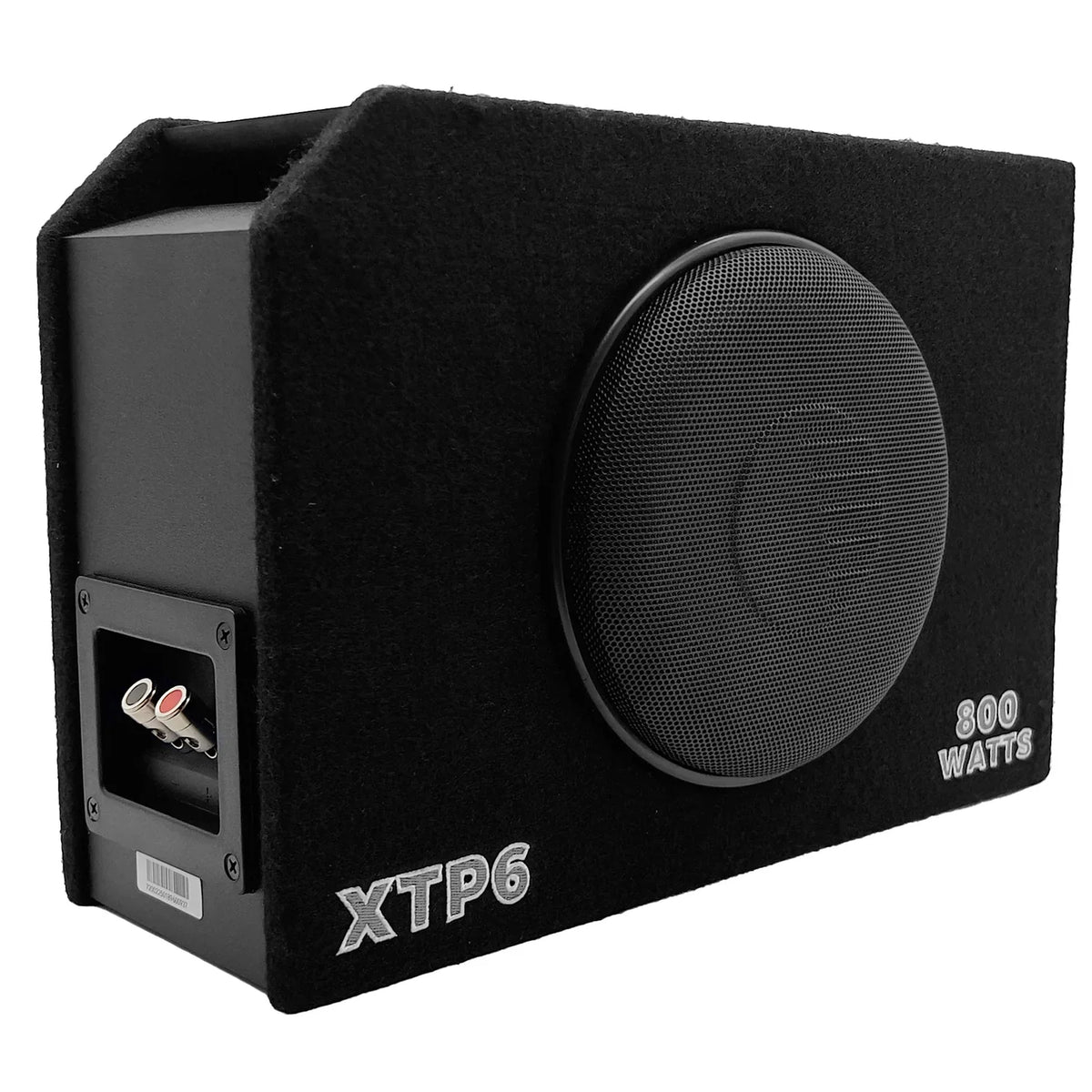 Black XTP6 subwoofer enclosure with front woofer and 800 watts label