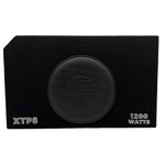 Black car subwoofer enclosure with centered round woofer, XTP8 label and 1200 watts