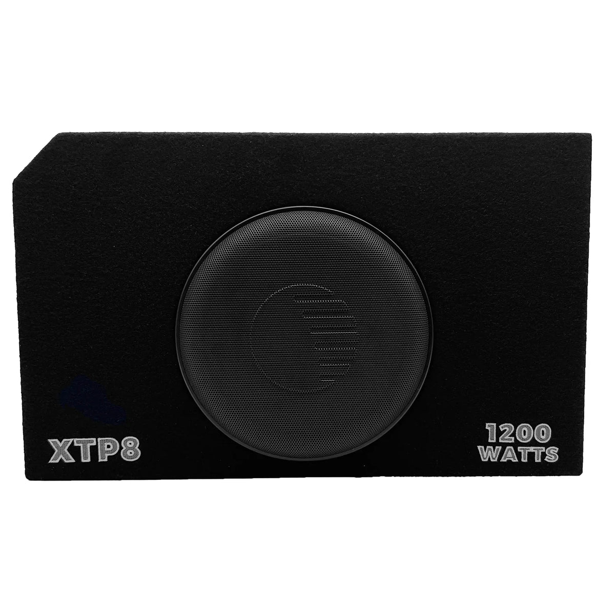 Black XTP8 subwoofer enclosure with centered woofer grille and 1200 watts label