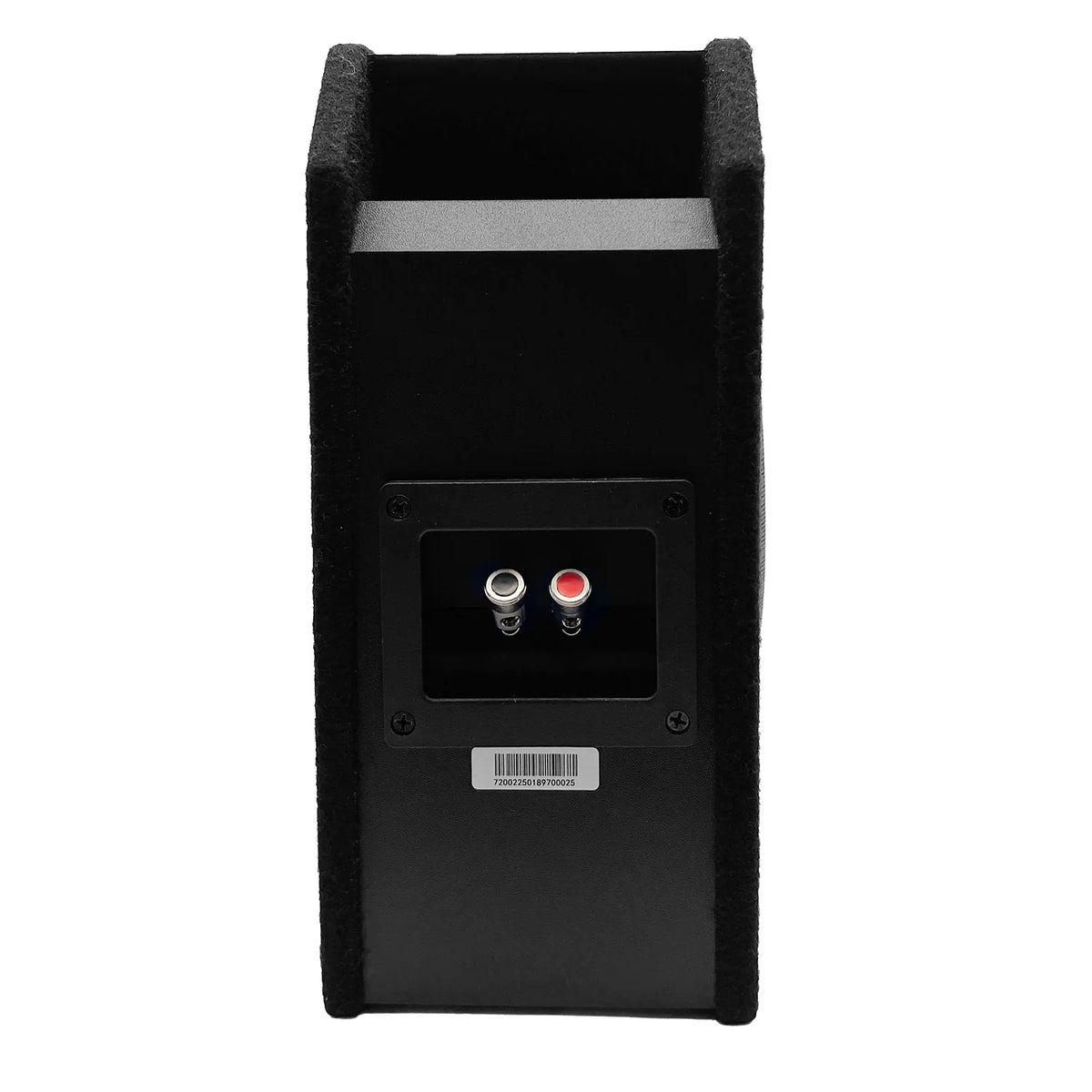 Black subwoofer enclosure rear panel with speaker terminals and cable input