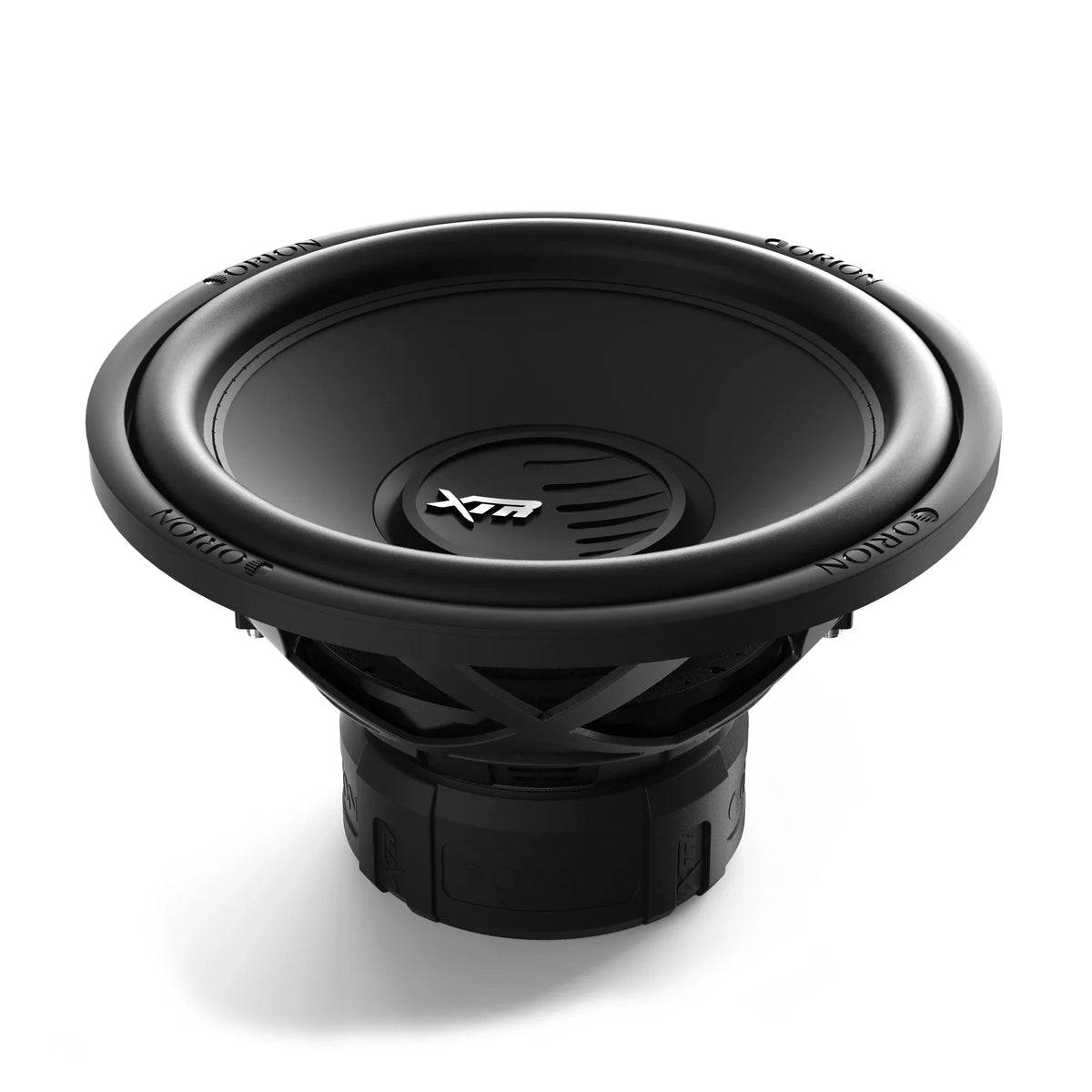 Black 15-inch subwoofer with silver trim ring and XTR badge on dust cap