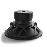 Black 15-inch subwoofer underside with mounting holes and X-shaped frame