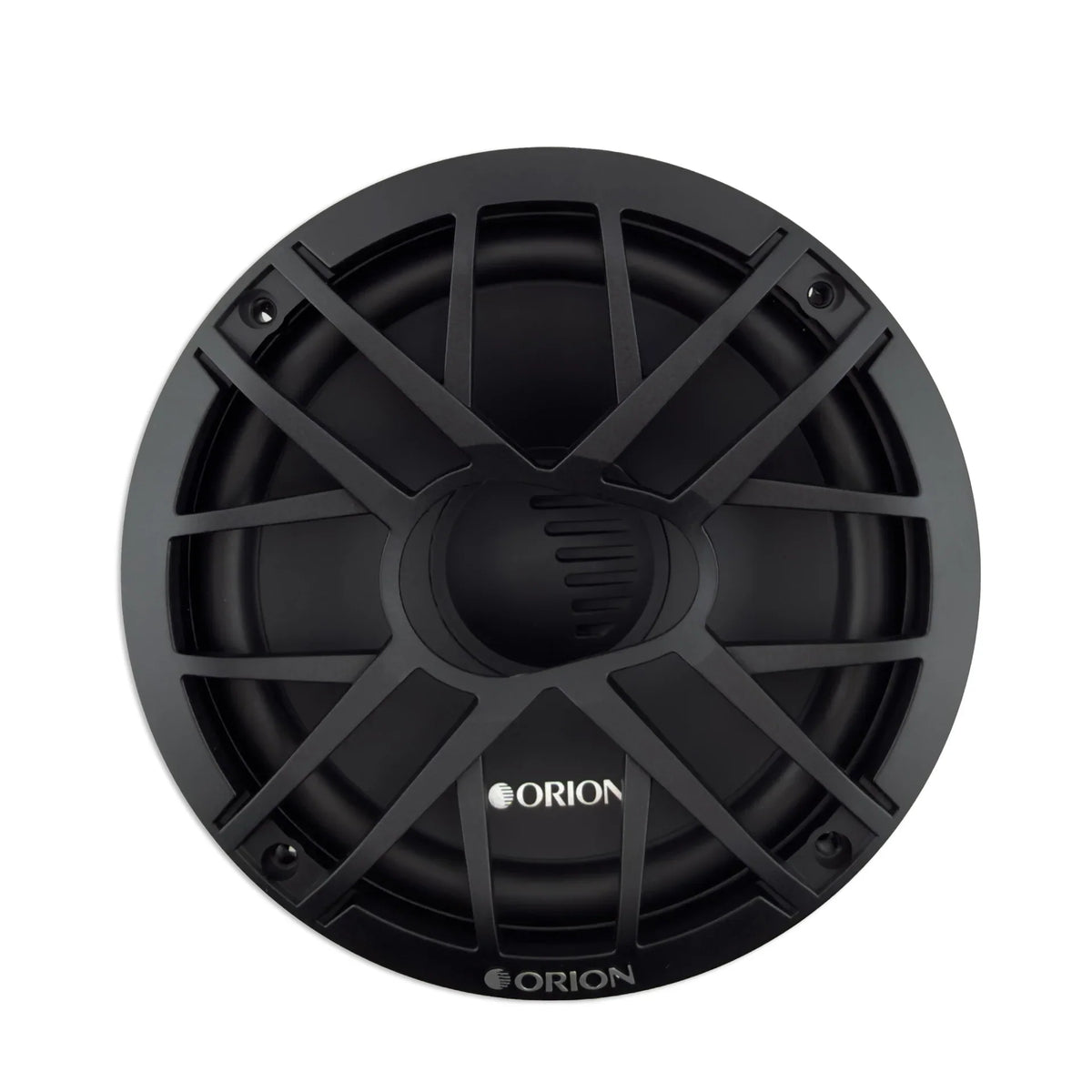 Black speaker woofer with radial grille pattern, circular driver frame