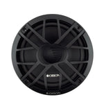 Black speaker woofer with radial grille pattern, circular driver frame